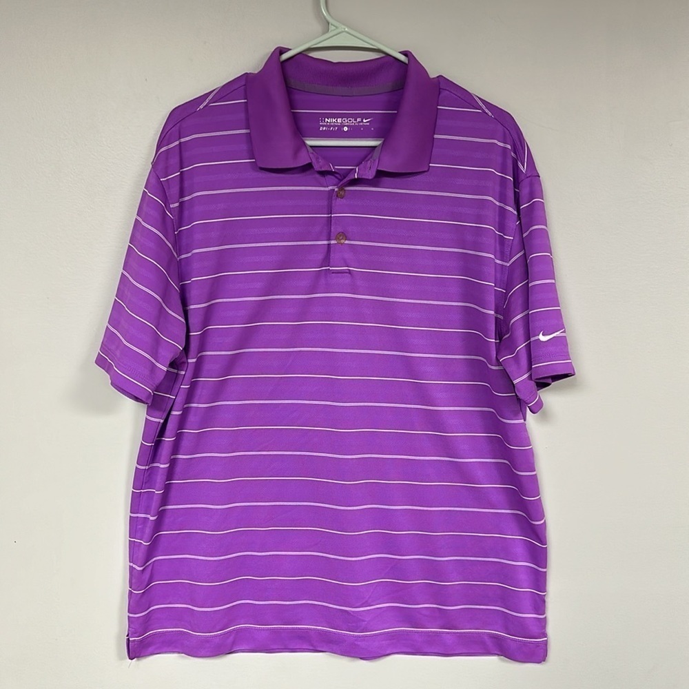 Beautiful NIKE GOLF DRI FIT lavender and white, striped polo size large EUC